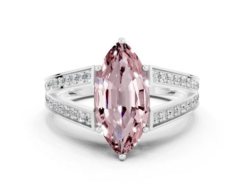 White gold Marquise Cut Morganite Split Shank Ring with Pavé Band and Four-Prong Setting