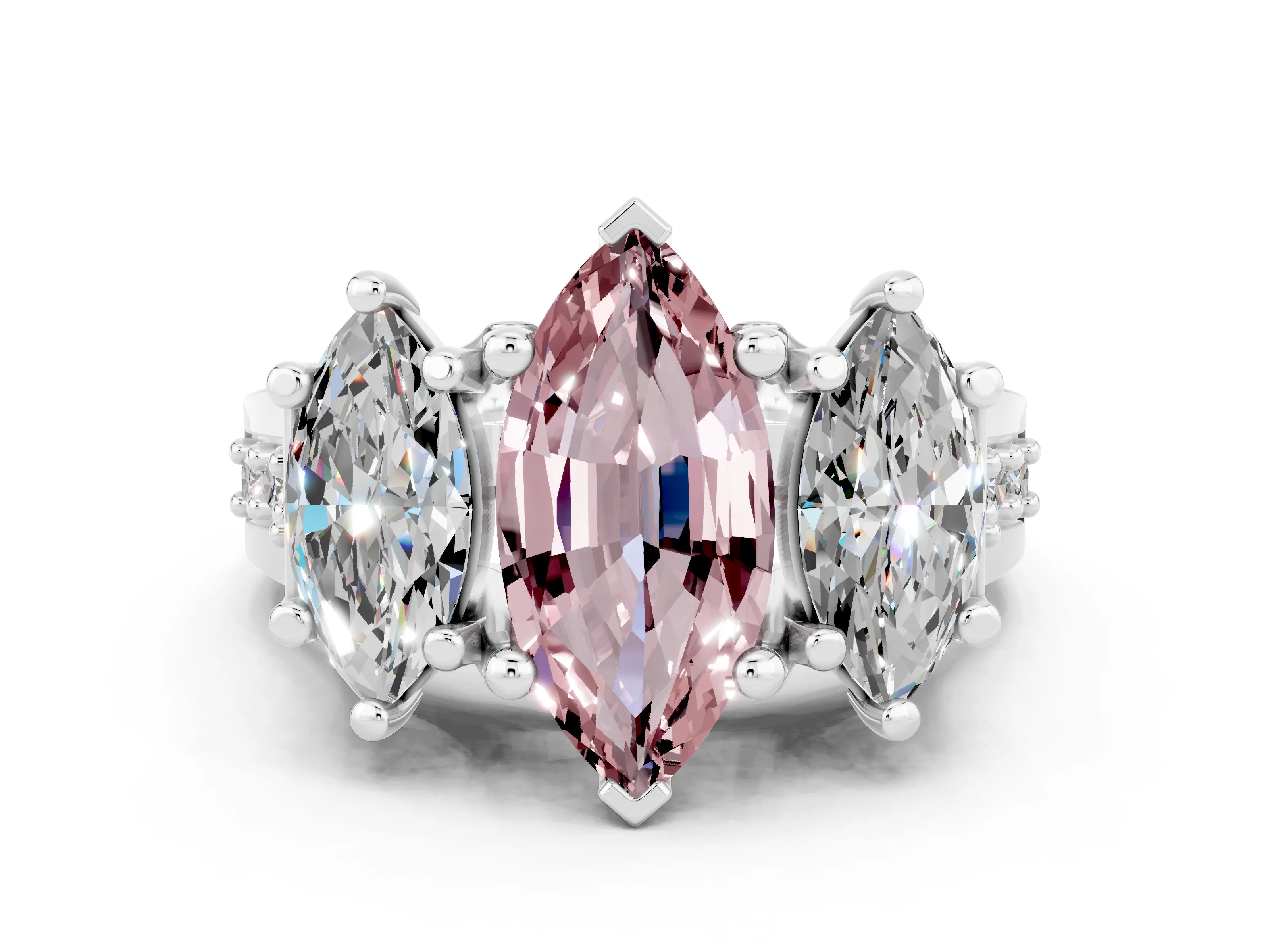 White gold Marquise Cut Morganite Three-Stone Ring with Channel Set Band and Four-Prong Setting