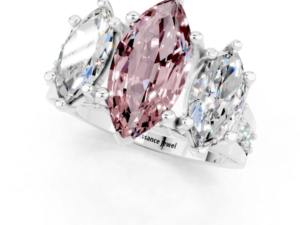 Silver Marquise Cut Morganite Three-Stone Ring with Channel Set Band and Four-Prong Setting
