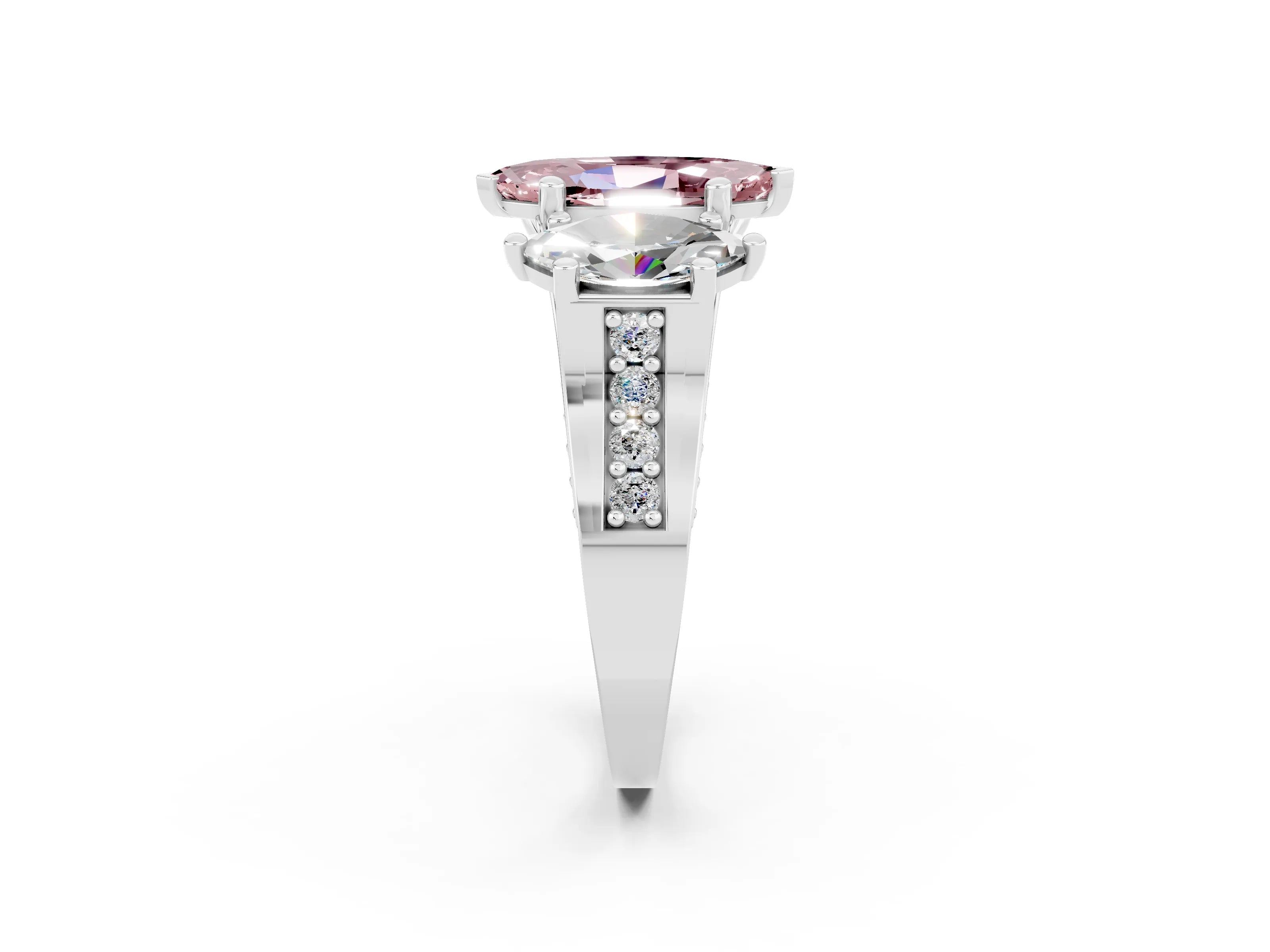 White gold Marquise Cut Morganite Three-Stone Ring with Channel Set Band and Four-Prong Setting_2