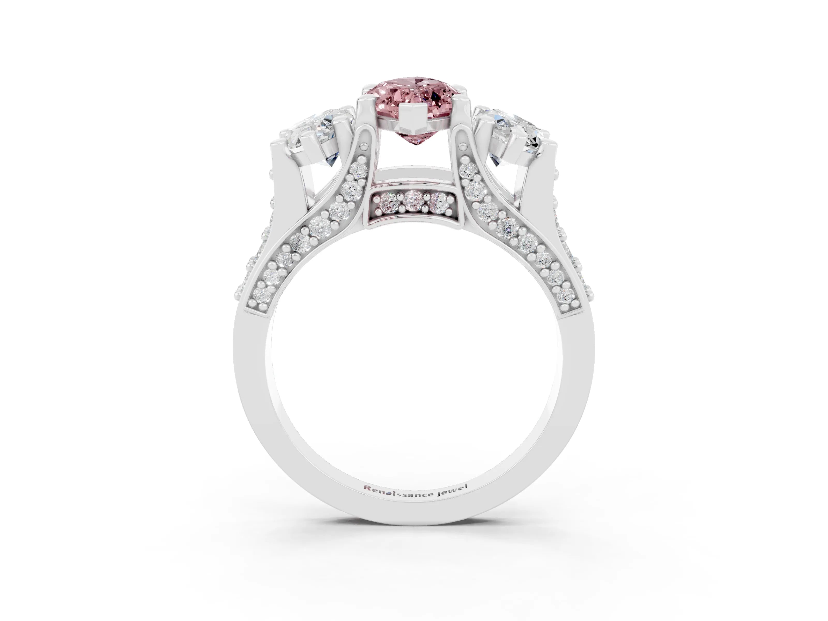 White gold Marquise Cut Morganite Three-Stone Ring with Channel Set Band and Four-Prong Setting_3
