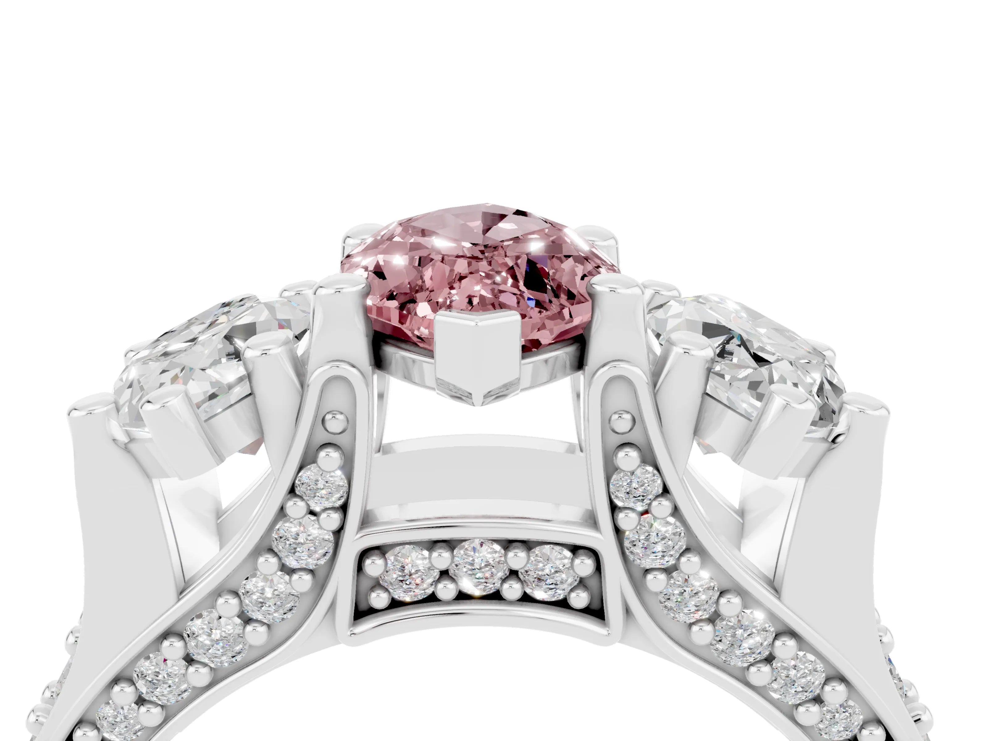 White gold Marquise Cut Morganite Three-Stone Ring with Channel Set Band and Four-Prong Setting_4