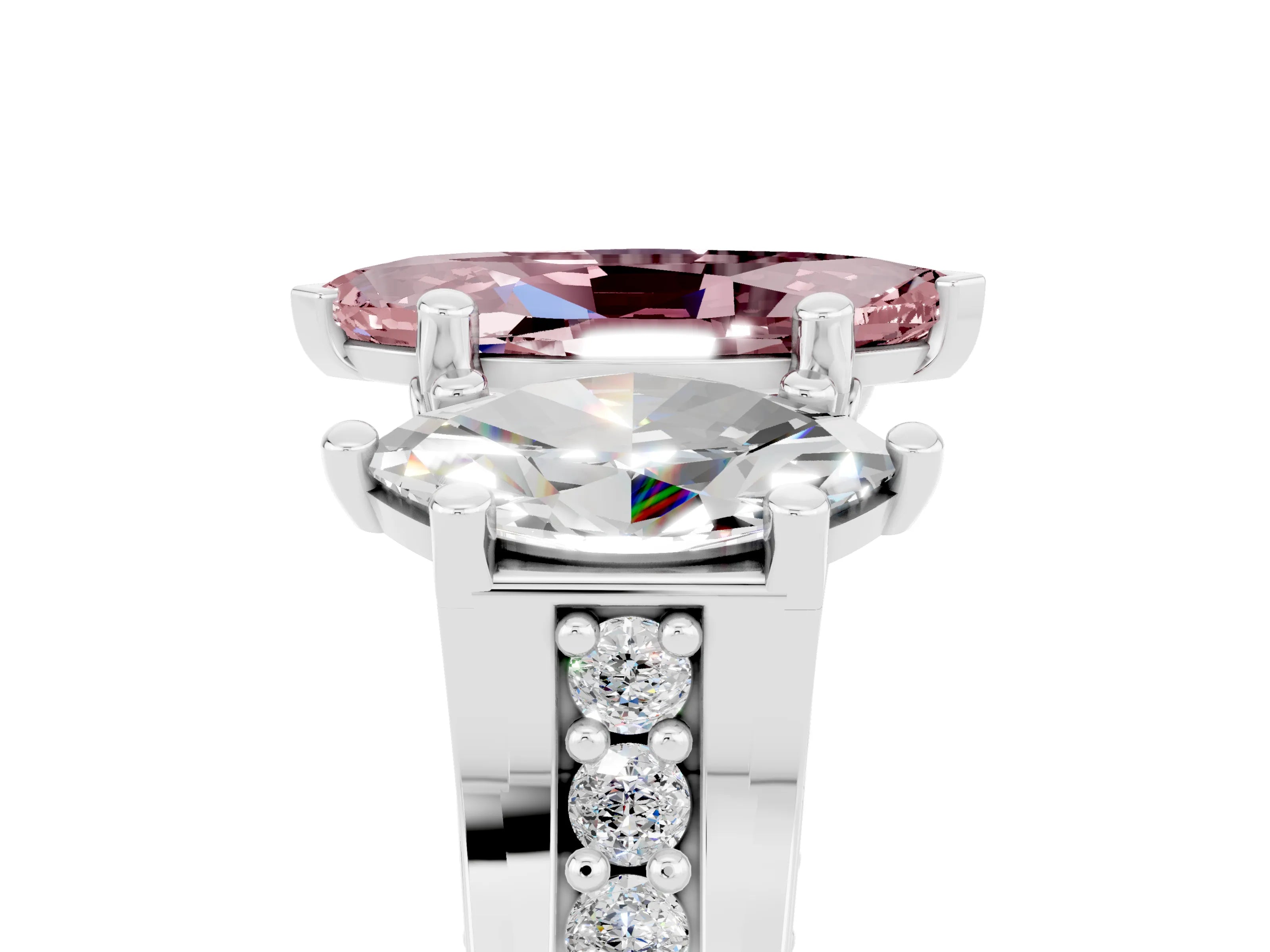 White gold Marquise Cut Morganite Three-Stone Ring with Channel Set Band and Four-Prong Setting_5