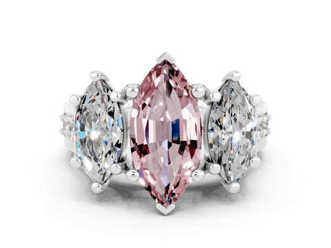 White gold Marquise Cut Morganite Three-Stone Ring with Channel Set Band and Four-Prong Setting