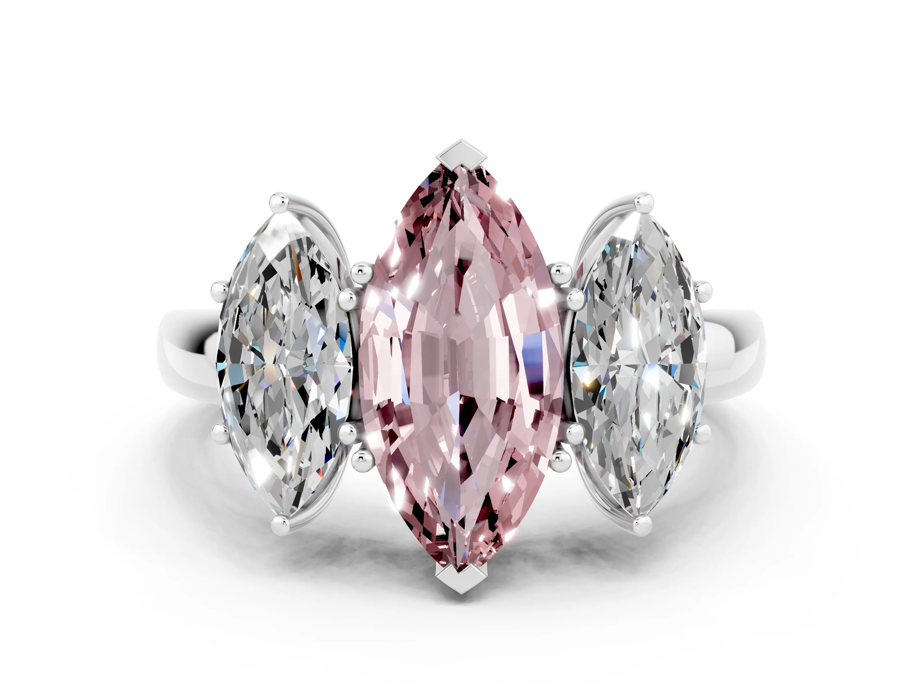 White gold Marquise Cut Morganite Three-Stone Ring with Four-Prong Setting and Classic Band