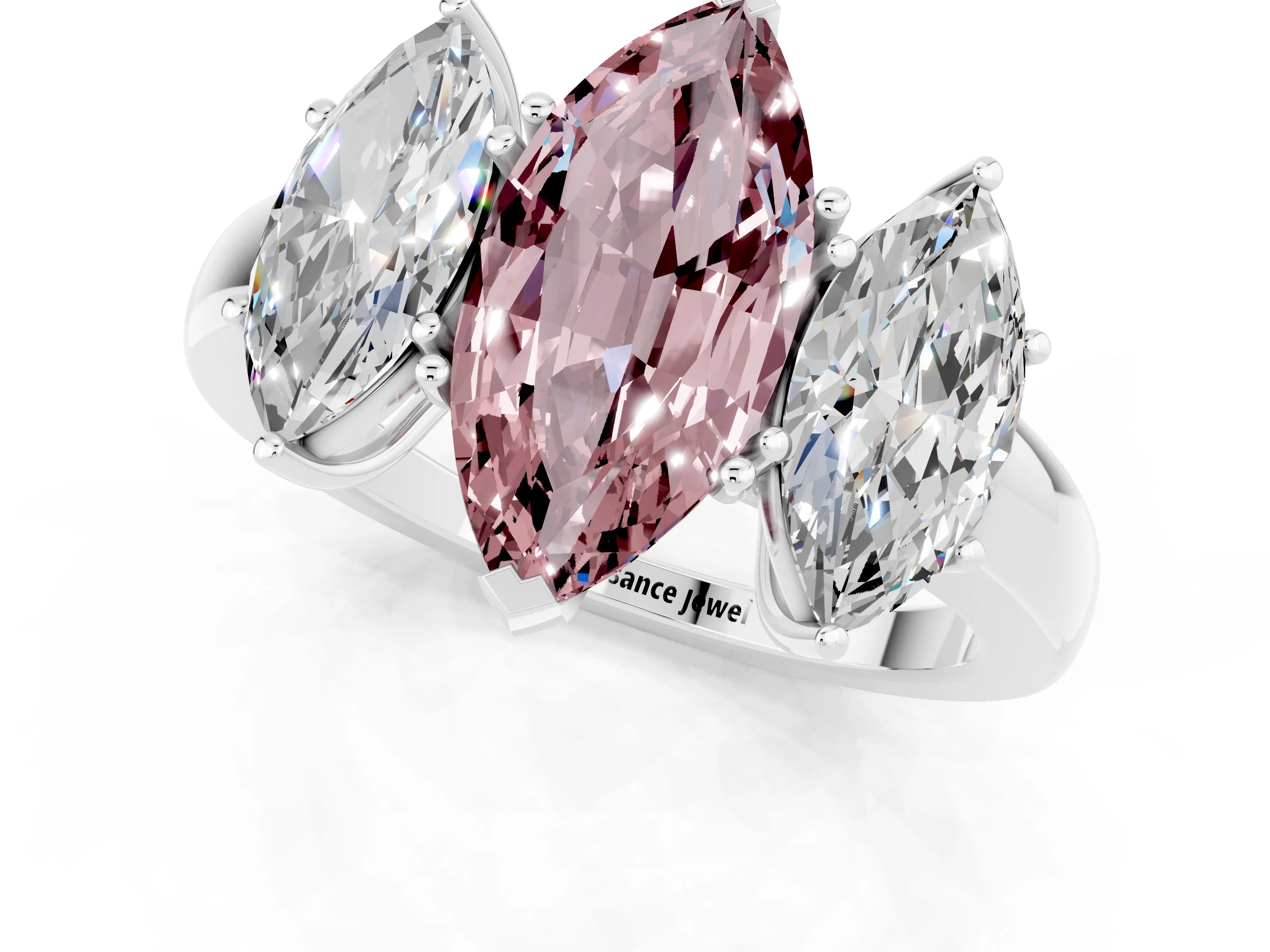 White gold Marquise Cut Morganite Three-Stone Ring with Four-Prong Setting and Classic Band_1