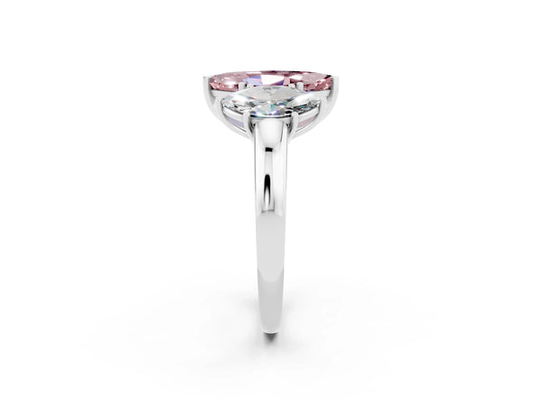Platinum Marquise Cut Morganite Three-Stone Ring with Four-Prong Setting and Classic Band