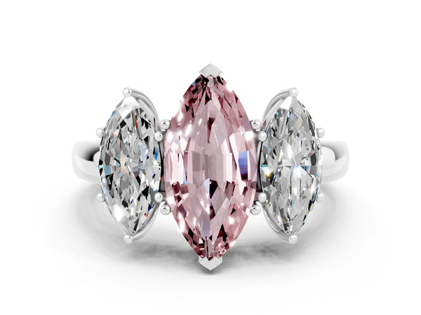 White gold Marquise Cut Morganite Three-Stone Ring with Four-Prong Setting and Classic Band