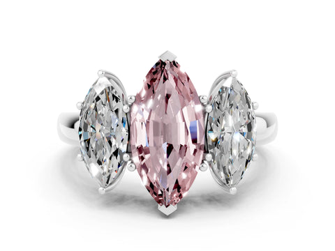 White gold Marquise Cut Morganite Three-Stone Ring with Four-Prong Setting and Classic Band