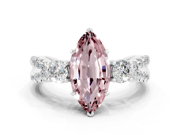 Platinum Marquise Cut Morganite Three-Stone Ring with Pavé Split Shank and Four-Prong Setting