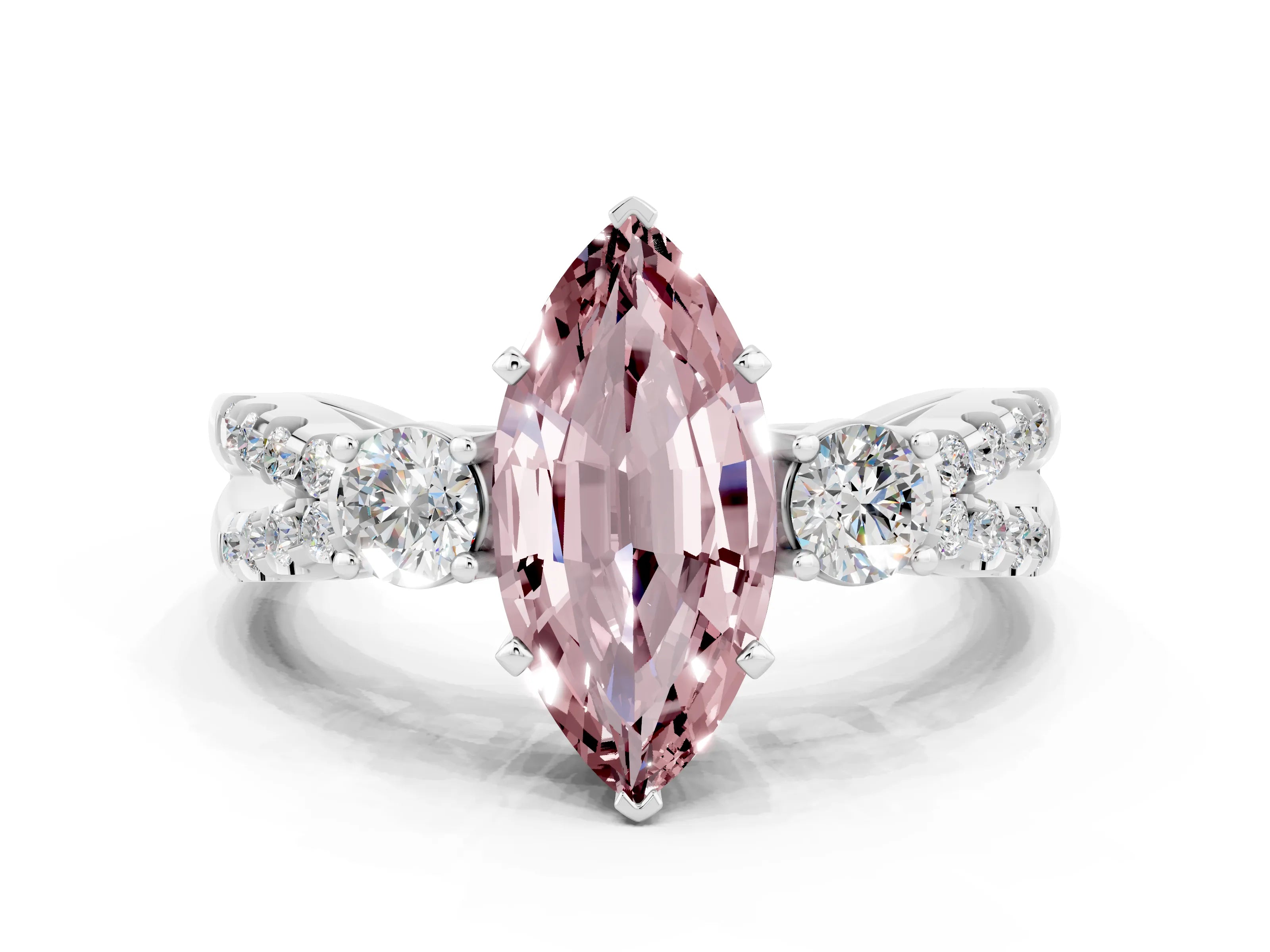 White gold Marquise Cut Morganite Three-Stone Ring with Pavé Split Shank and Four-Prong Setting_12