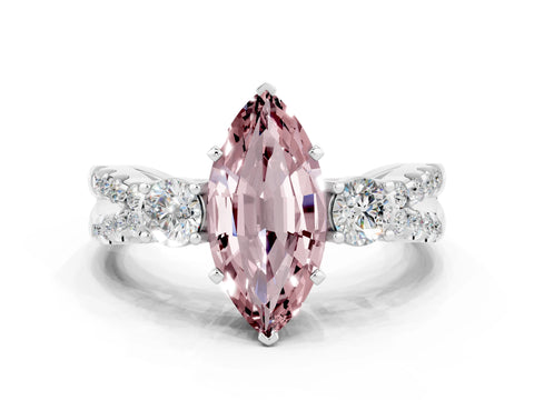 White gold Marquise Cut Morganite Three-Stone Ring with Pavé Split Shank and Four-Prong Setting_12
