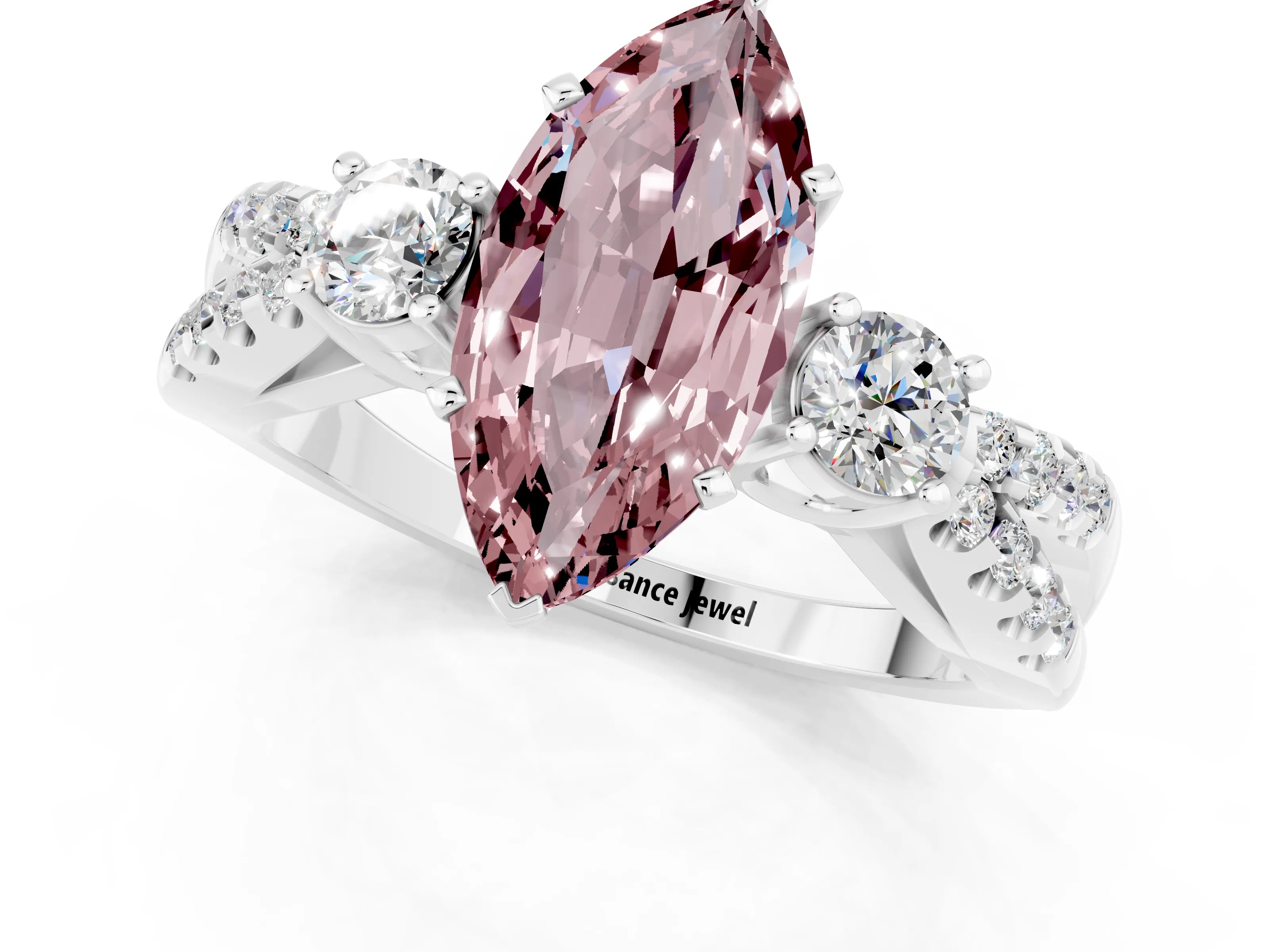 White gold Marquise Cut Morganite Three-Stone Ring with Pavé Split Shank and Four-Prong Setting_13
