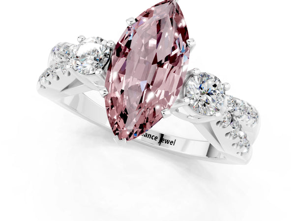 White gold Marquise Cut Morganite Three-Stone Ring with Pavé Split Shank and Four-Prong Setting