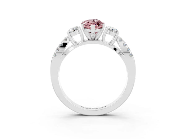 Silver Marquise Cut Morganite Three-Stone Ring with Pavé Split Shank and Four-Prong Setting