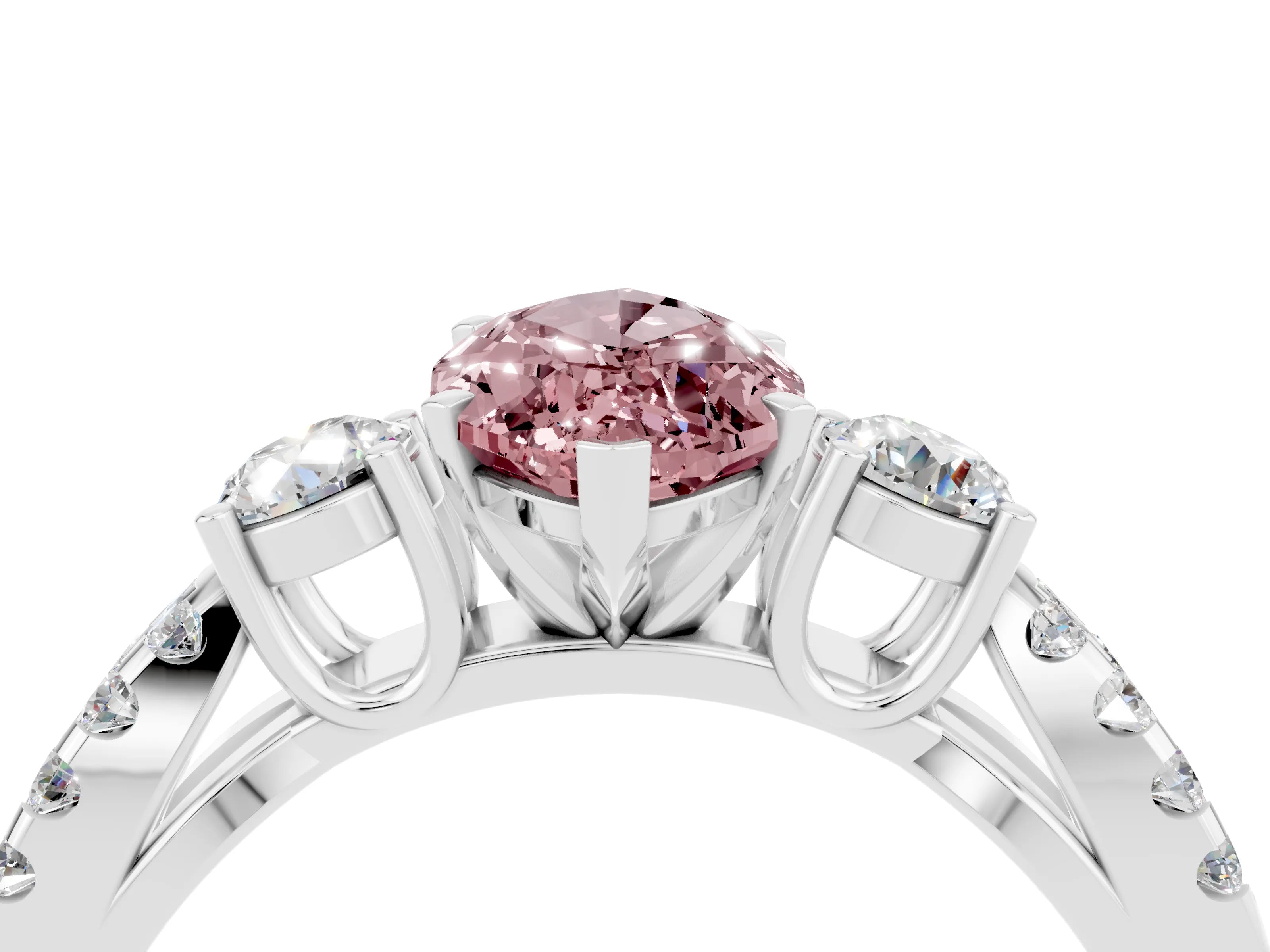 White gold Marquise Cut Morganite Three-Stone Ring with Pavé Split Shank and Four-Prong Setting_16
