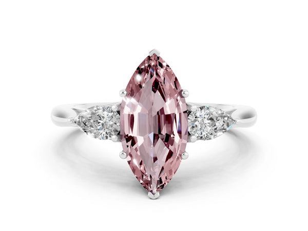 Platinum Marquise Cut Morganite Three-Stone Ring with Pear  Side Stones and Prong Setting