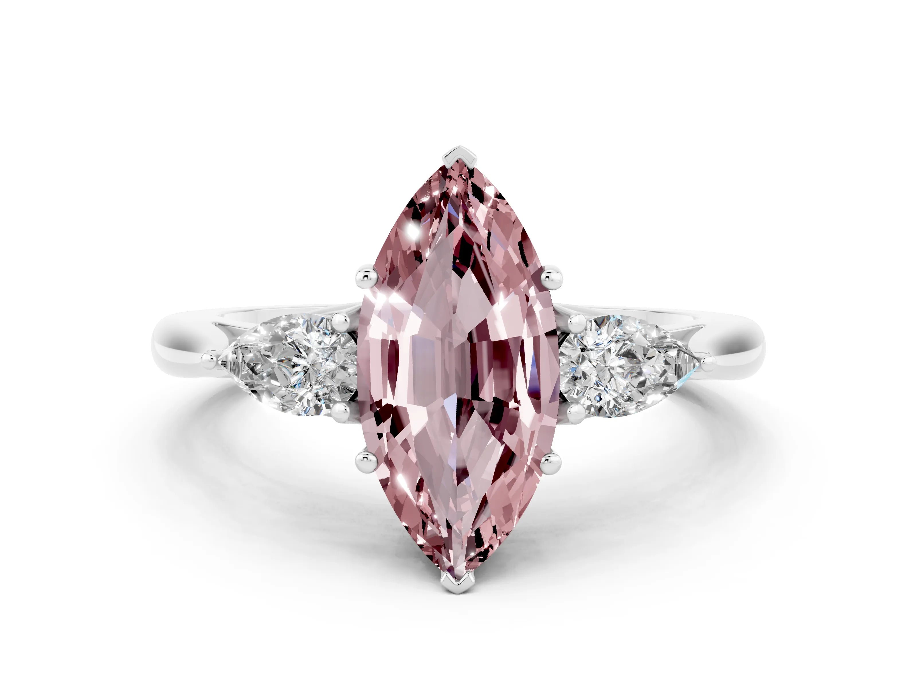 White gold Marquise Cut Morganite Three-Stone Ring with Pear Side Stones and Four-Prong Setting_12