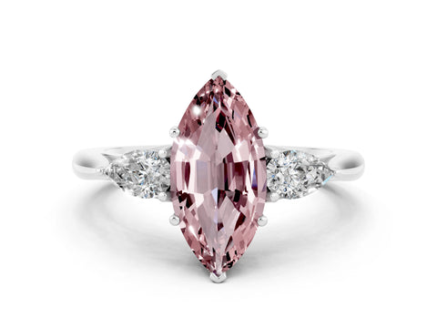 White gold Marquise Cut Morganite Three-Stone Ring with Pear Side Stones and Four-Prong Setting_12