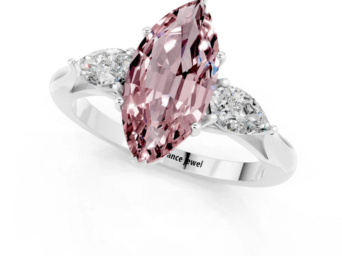 White gold Marquise Cut Morganite Three-Stone Ring with Pear Side Stones and Four-Prong Setting_13