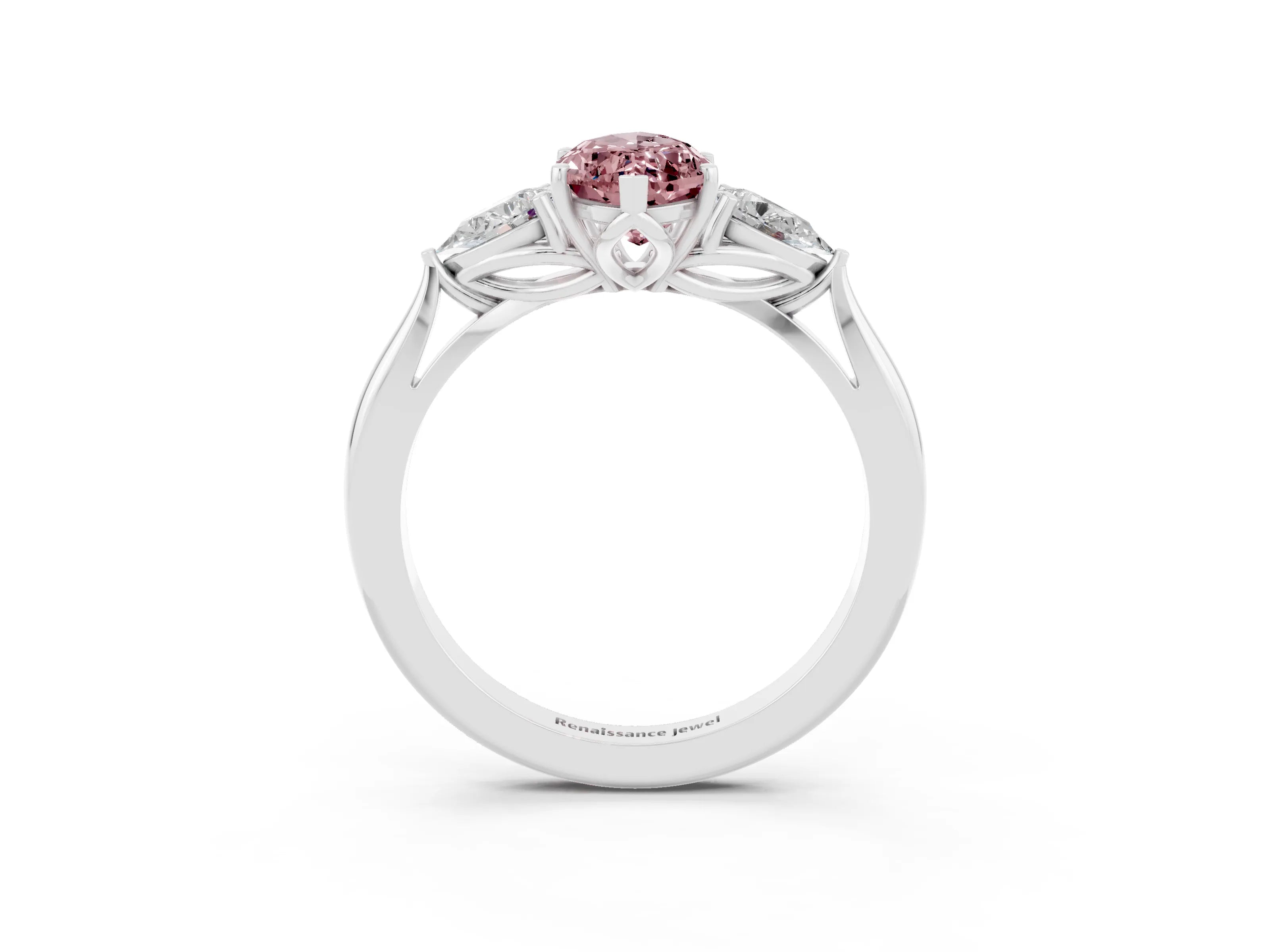 White gold Marquise Cut Morganite Three-Stone Ring with Pear Side Stones and Four-Prong Setting_15