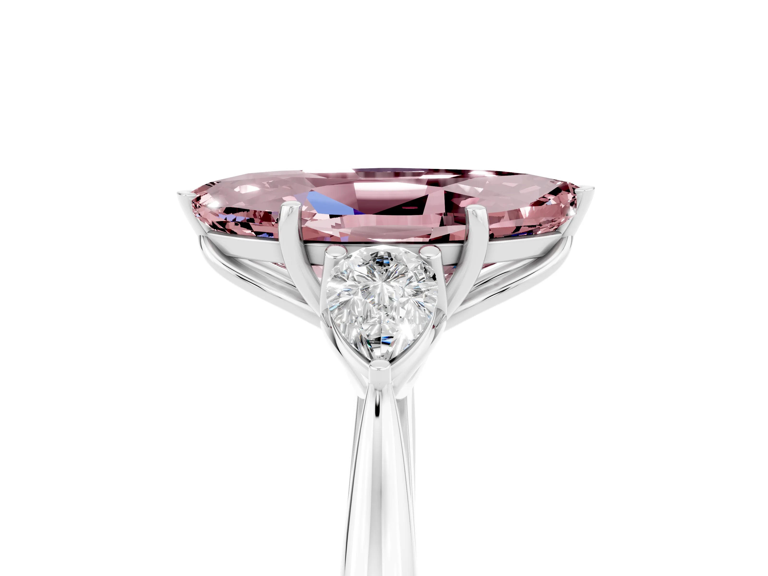 White gold Marquise Cut Morganite Three-Stone Ring with Pear Side Stones and Four-Prong Setting_17