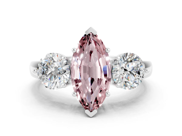 Platinum Marquise Cut Morganite Three-Stone Ring with Prong Setting and Classic Band