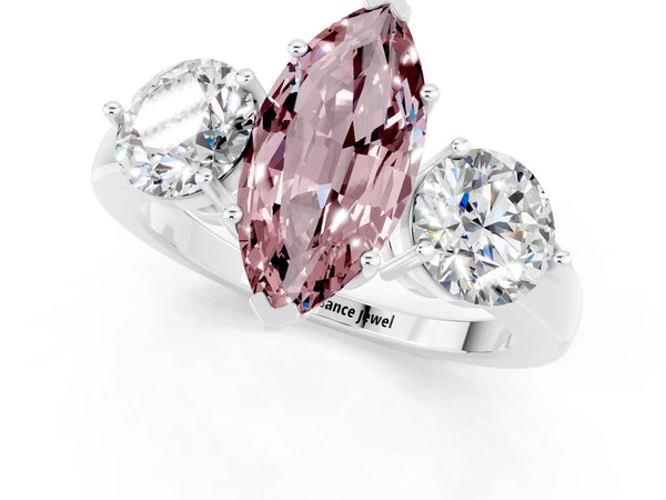 Platinum Marquise Cut Morganite Three-Stone Ring with Prong Setting and Classic Band