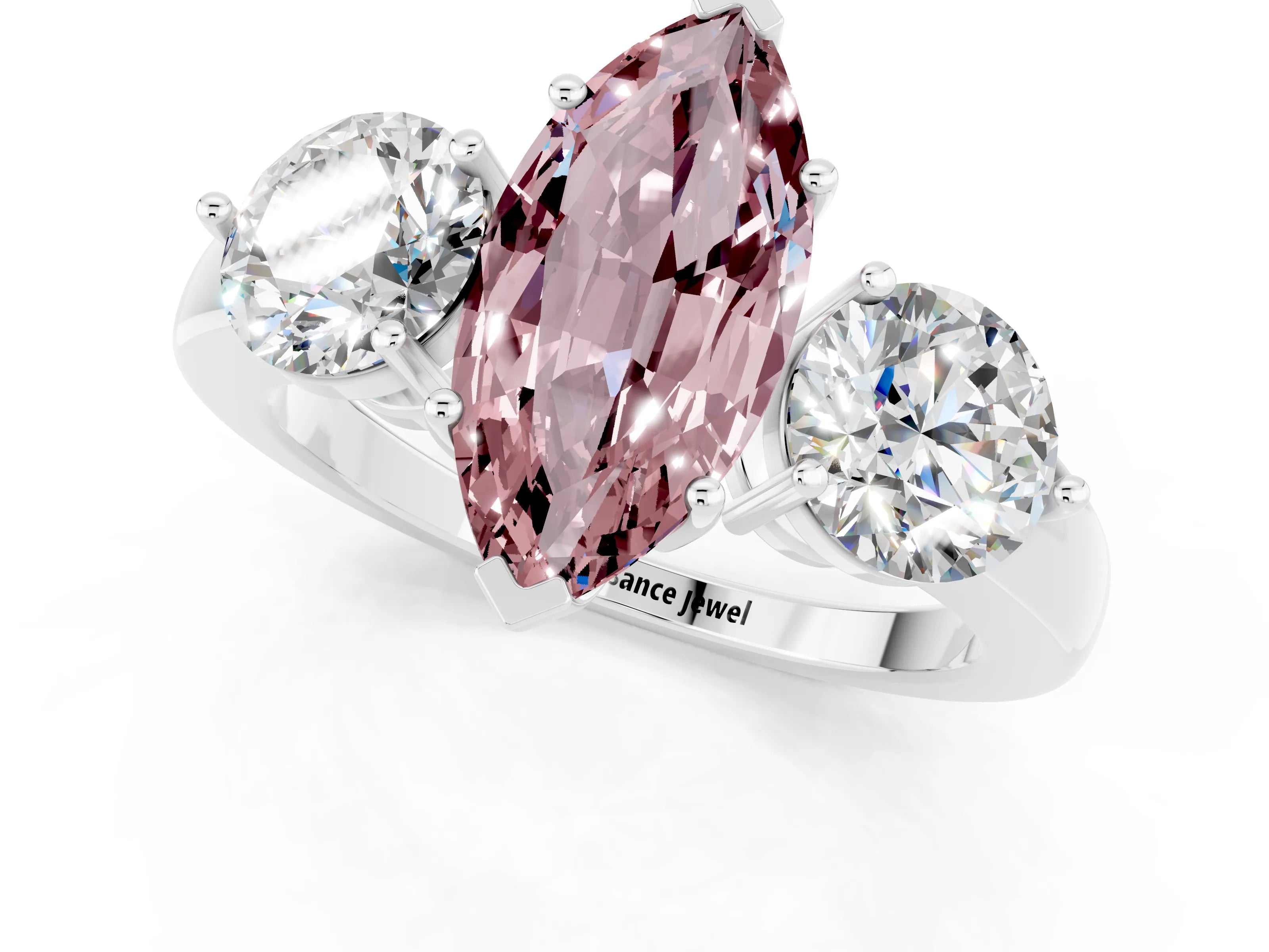 White gold Marquise Cut Morganite Three-Stone Ring with Prong Setting and Classic Band_1