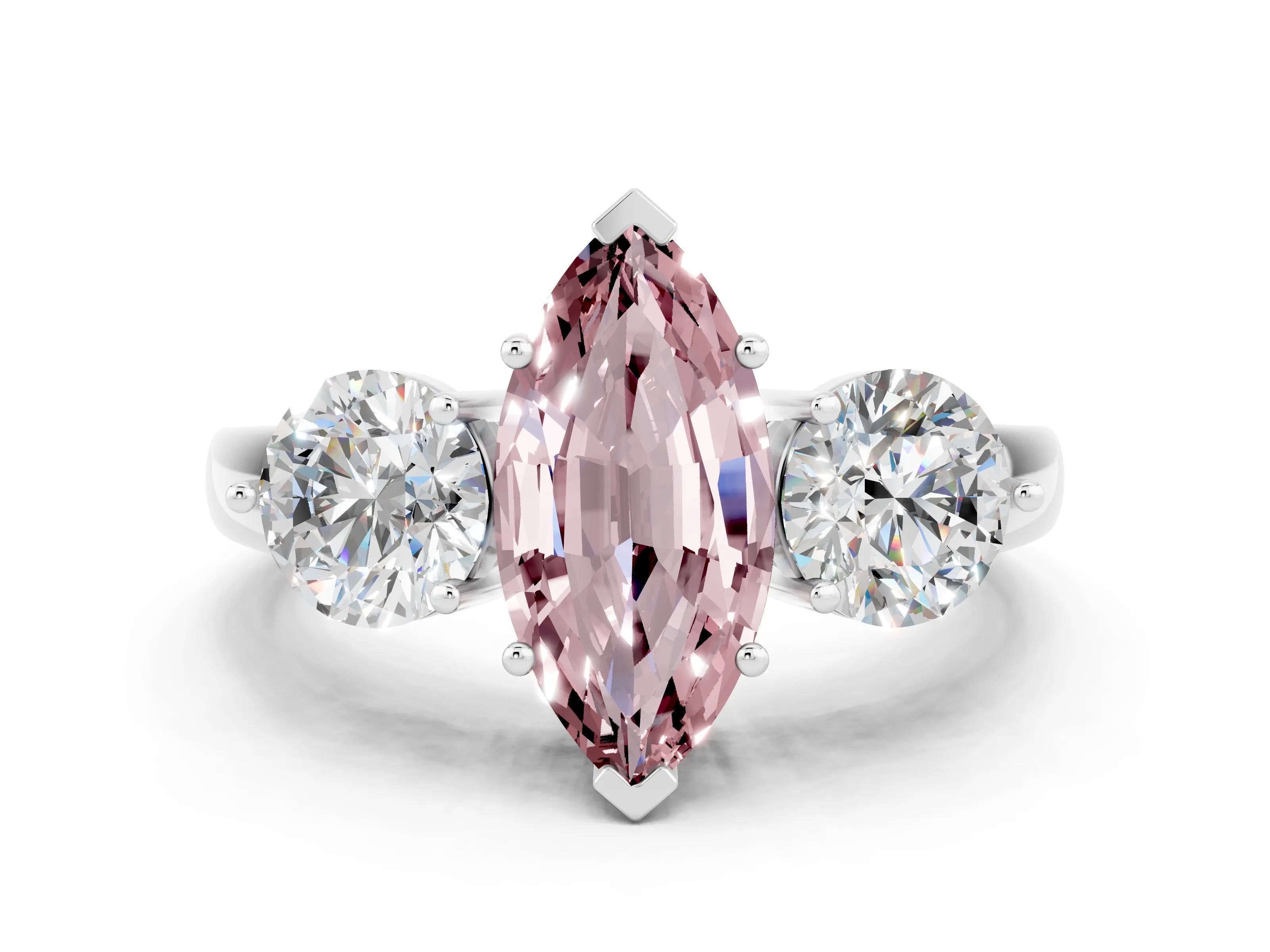 White gold Marquise Cut Morganite Three-Stone Ring with Prong Setting and Classic Band