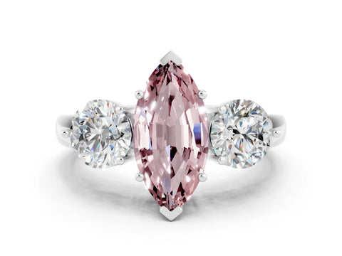 White gold Marquise Cut Morganite Three-Stone Ring with Prong Setting and Classic Band
