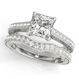 White gold Marquise Cut Pave Band Milgrain Solitaire Ring 1