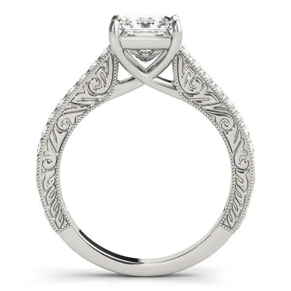 White gold Marquise Cut Pave Band Milgrain Solitaire Ring