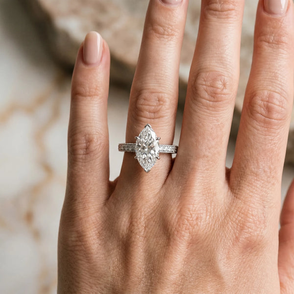White gold Marquise Cut Pave Band Milgrain Solitaire Ring