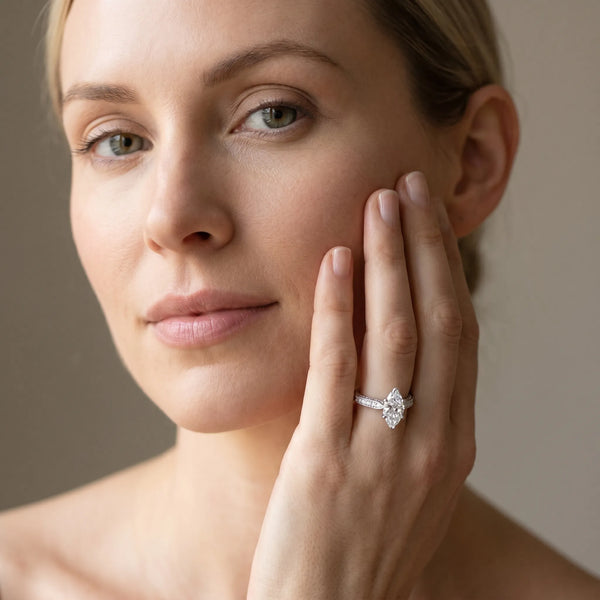 White gold Marquise Cut Pave Band Milgrain Solitaire Ring