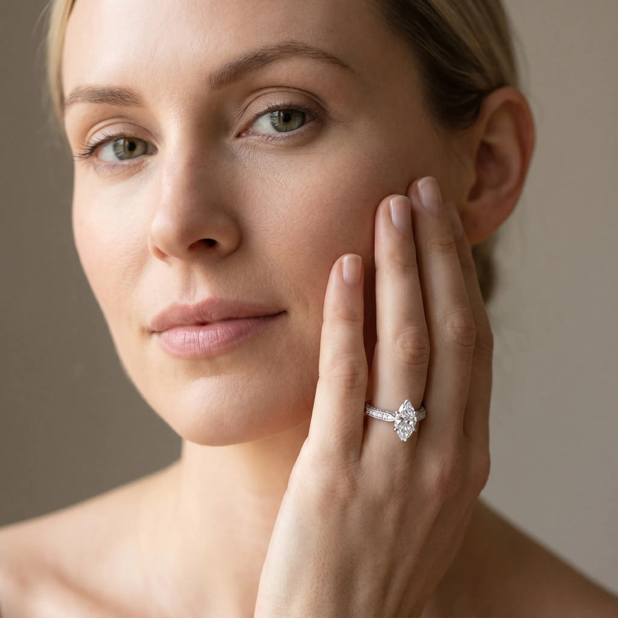 White gold Marquise Cut Pave Band Milgrain Solitaire Ring