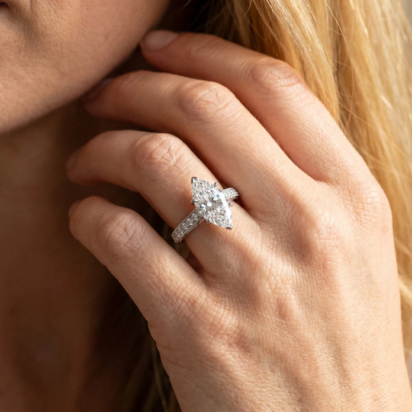 White gold Marquise Cut Pave Band Milgrain Solitaire Ring