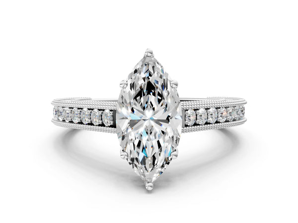 Platinum Marquise Vintage Solitaire Engagement Ring Setting with Engraved Milgrain Pave Band