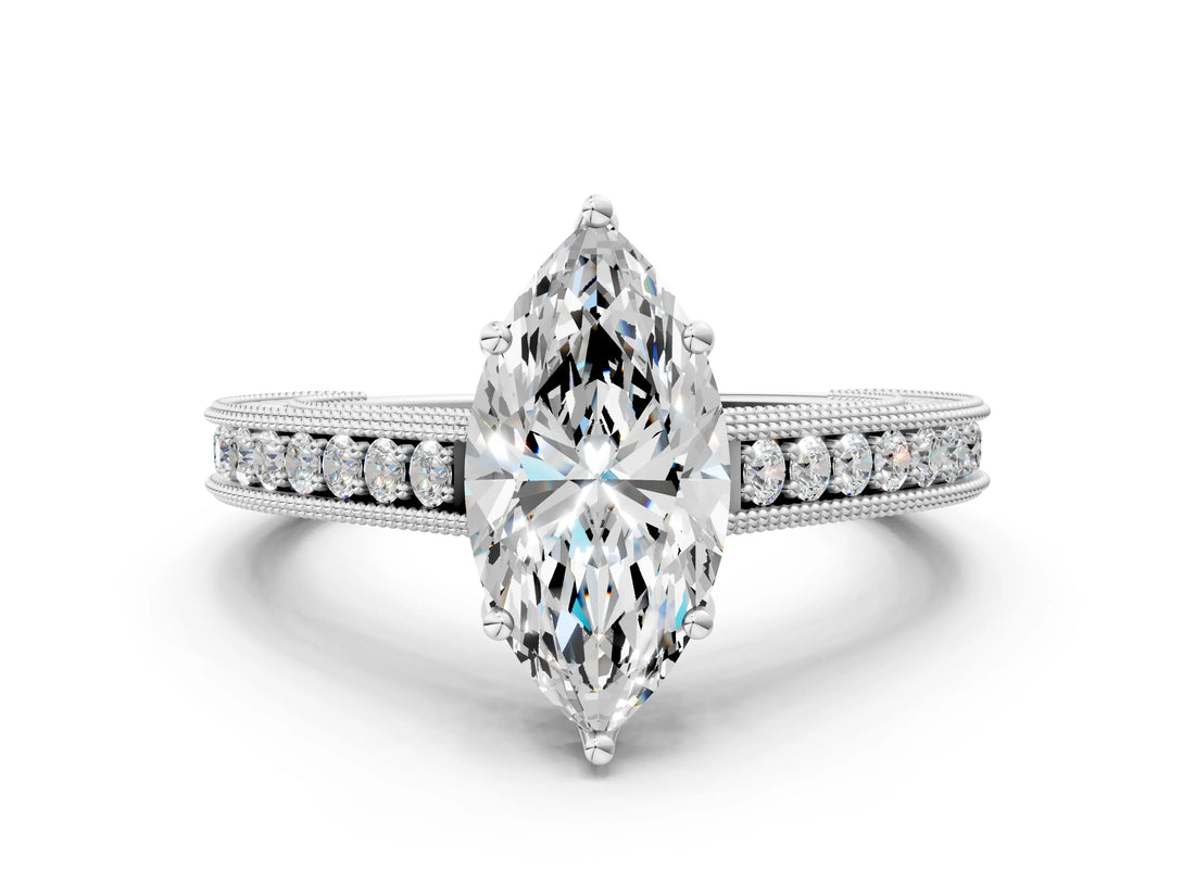 White gold Marquise Cut Pave Band Milgrain Solitaire Ring_6