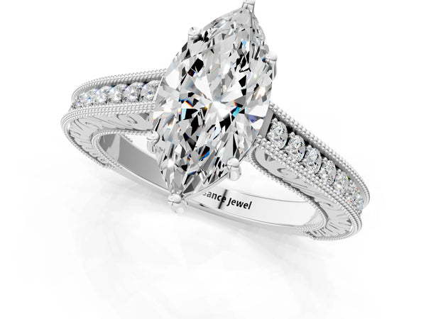 Platinum Marquise Vintage Solitaire Engagement Ring Setting with Engraved Milgrain Pave Band