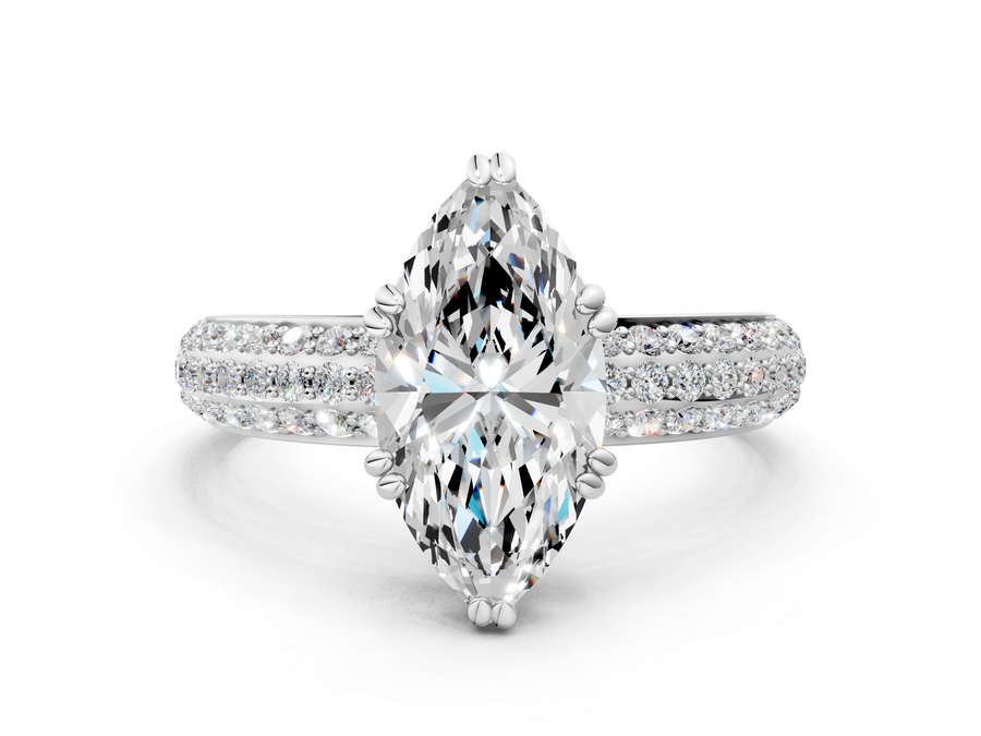 White gold Marquise Cut Pave Diamond Engagement Ring with Channel Set Band and Four-Prong Setting