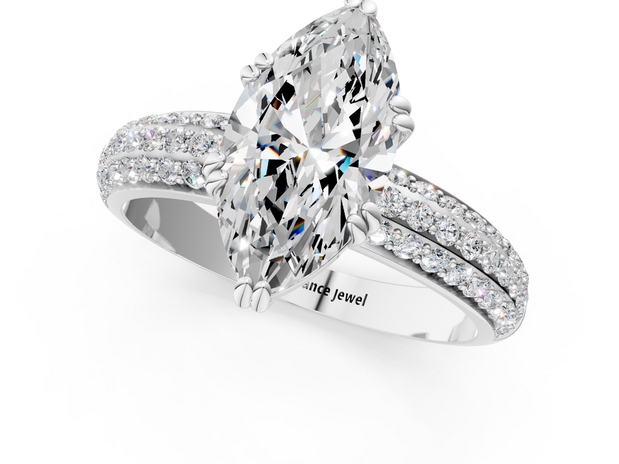 White gold Marquise Cut Pave Diamond Engagement Ring with Channel Set Band and Four-Prong Setting