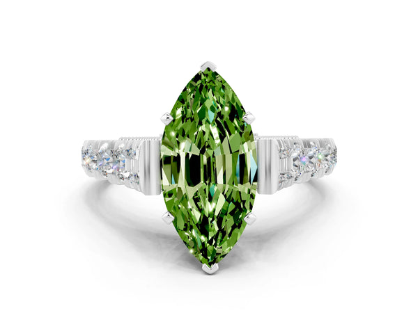 Platinum Marquise Cut Peridot Classic Solitaire Ring with Pavé Band and Four-Prong Setting