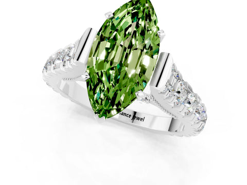 White gold Marquise Cut Peridot Classic Solitaire Ring with Pavé Band and Four-Prong Setting_1