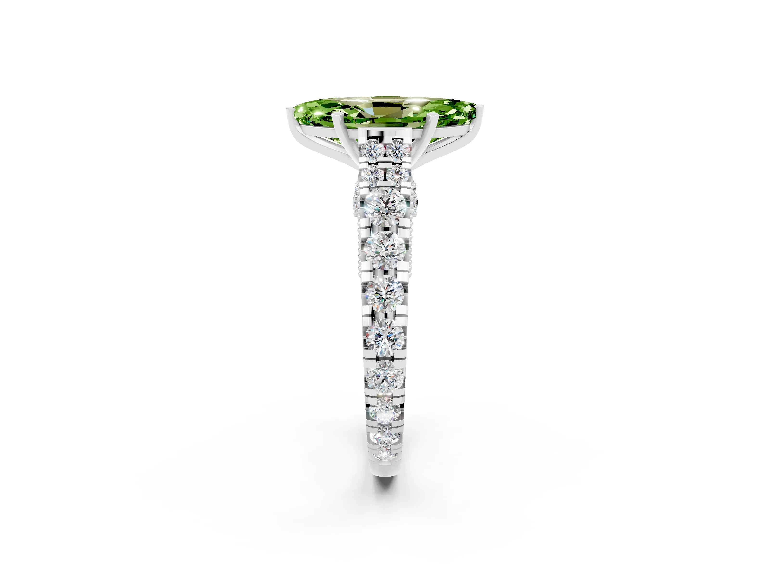 White gold Marquise Cut Peridot Classic Solitaire Ring with Pavé Band and Four-Prong Setting_2