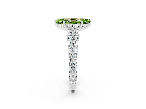 Silver Marquise Cut Peridot Classic Solitaire Ring with Pavé Band and Four-Prong Setting