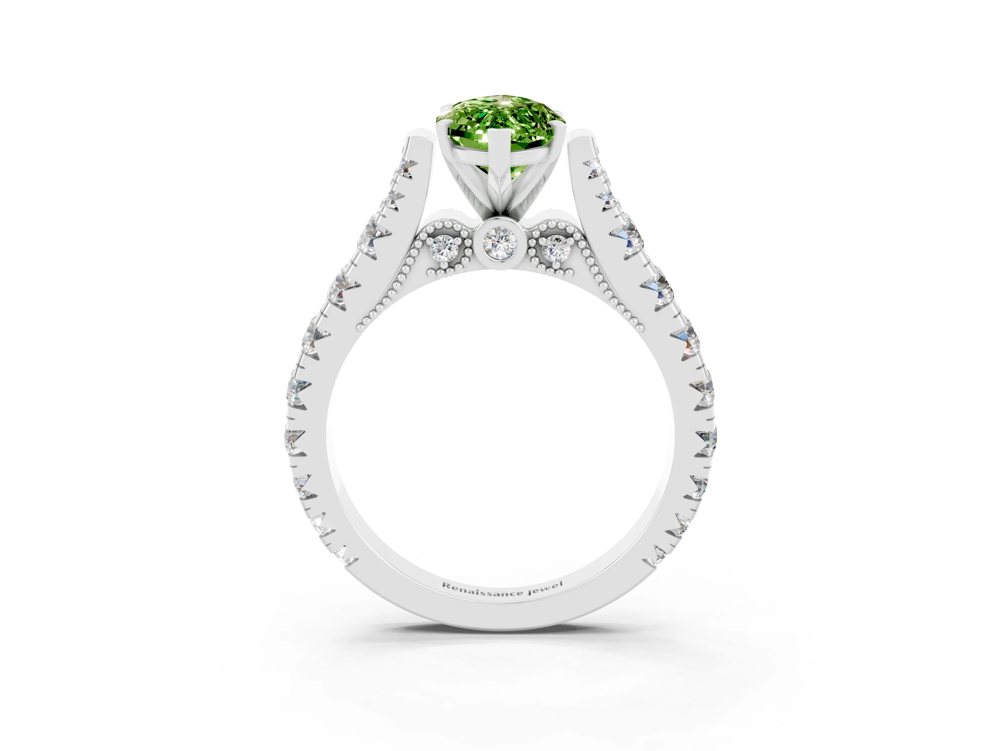 White gold Marquise Cut Peridot Classic Solitaire Ring with Pavé Band and Four-Prong Setting_3