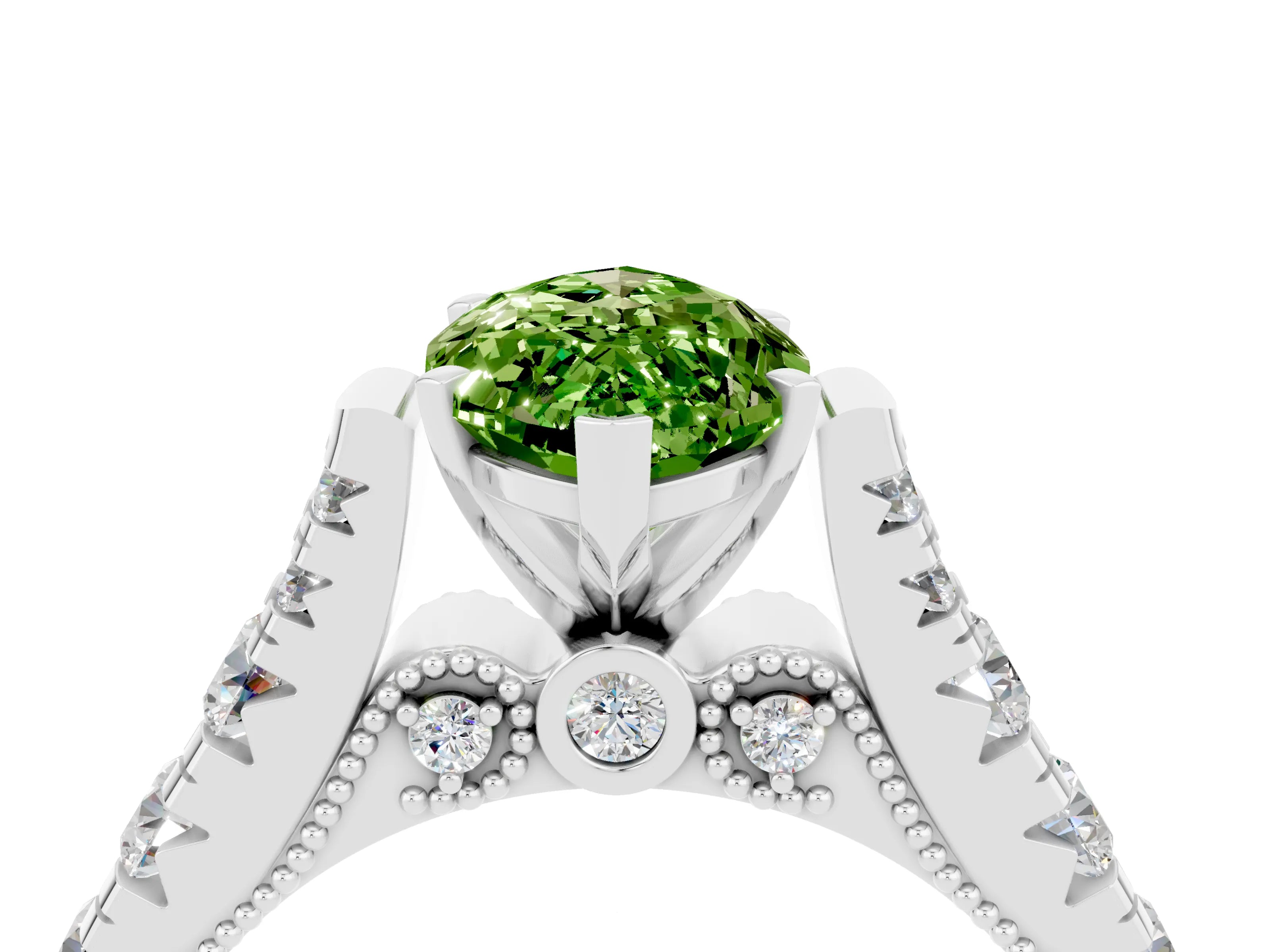 White gold Marquise Cut Peridot Classic Solitaire Ring with Pavé Band and Four-Prong Setting_4