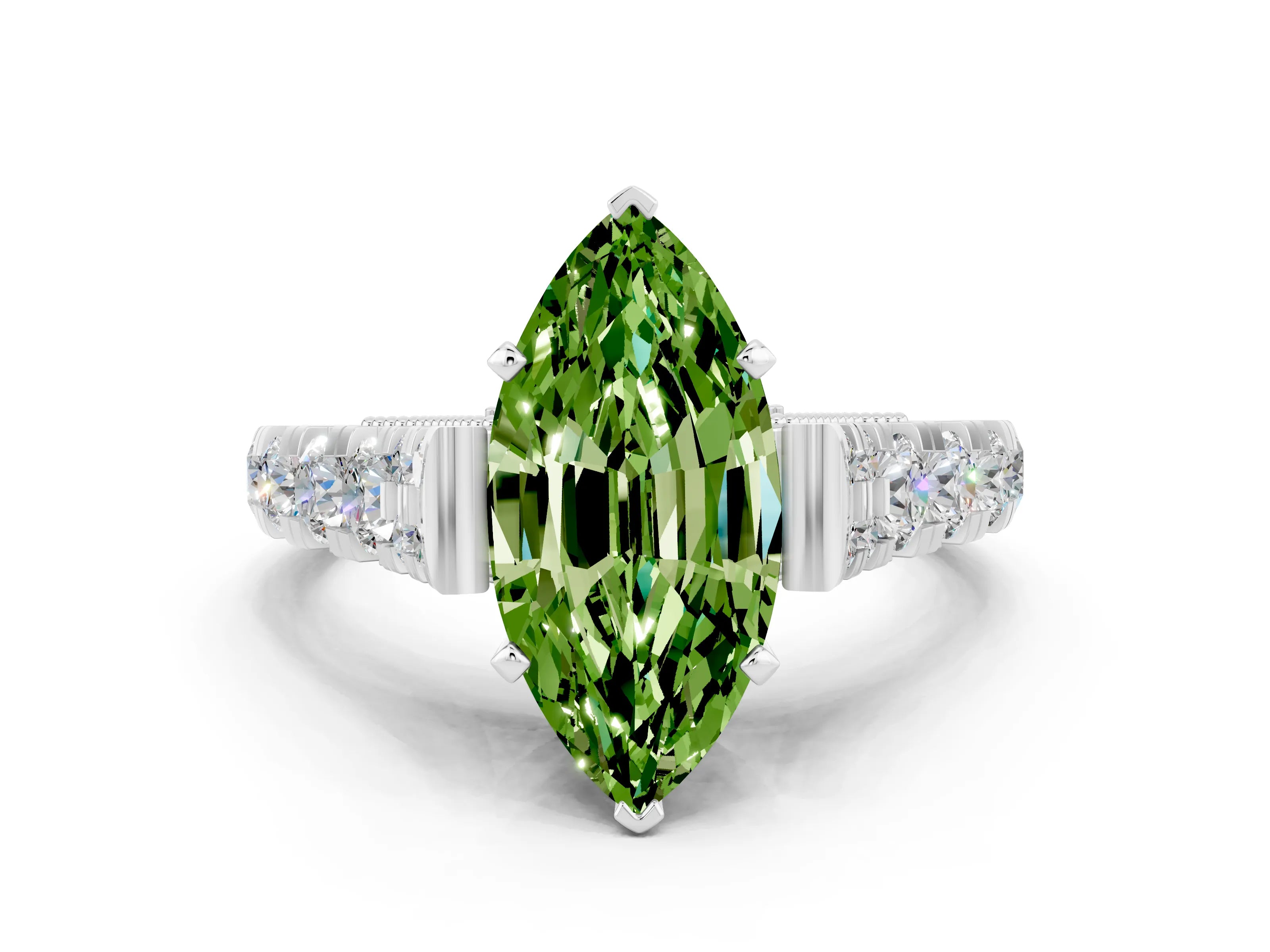 White gold Marquise Cut Peridot Classic Solitaire Ring with Pavé Band and Four-Prong Setting