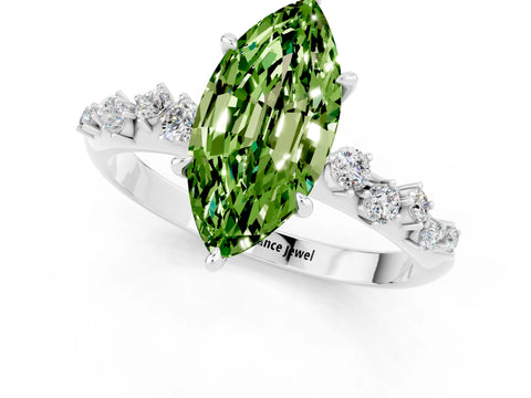White gold Marquise Cut Peridot Cluster Side Stone Solitaire Ring with Prong Setting_25